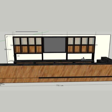 Bar con repisas cúbicas y frente en diagonal alt="Bar con repisas cúbicas y frente en diagonal "